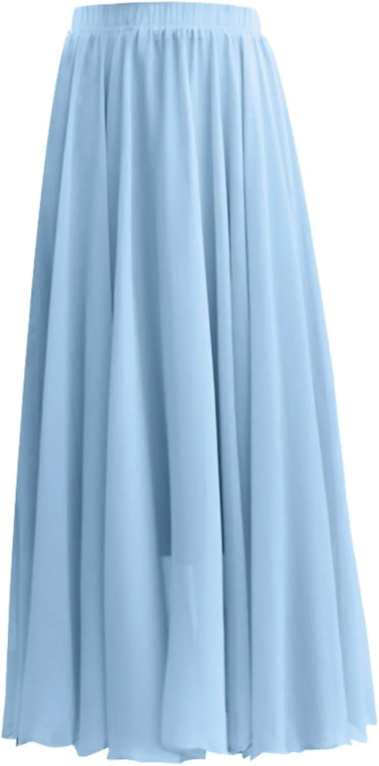 Womens Summer Chiffon Mopping Floor Length Big Hem Solid Beach Maxi Skirt Dress Pleated Elastic Waist Retro Long Skirts