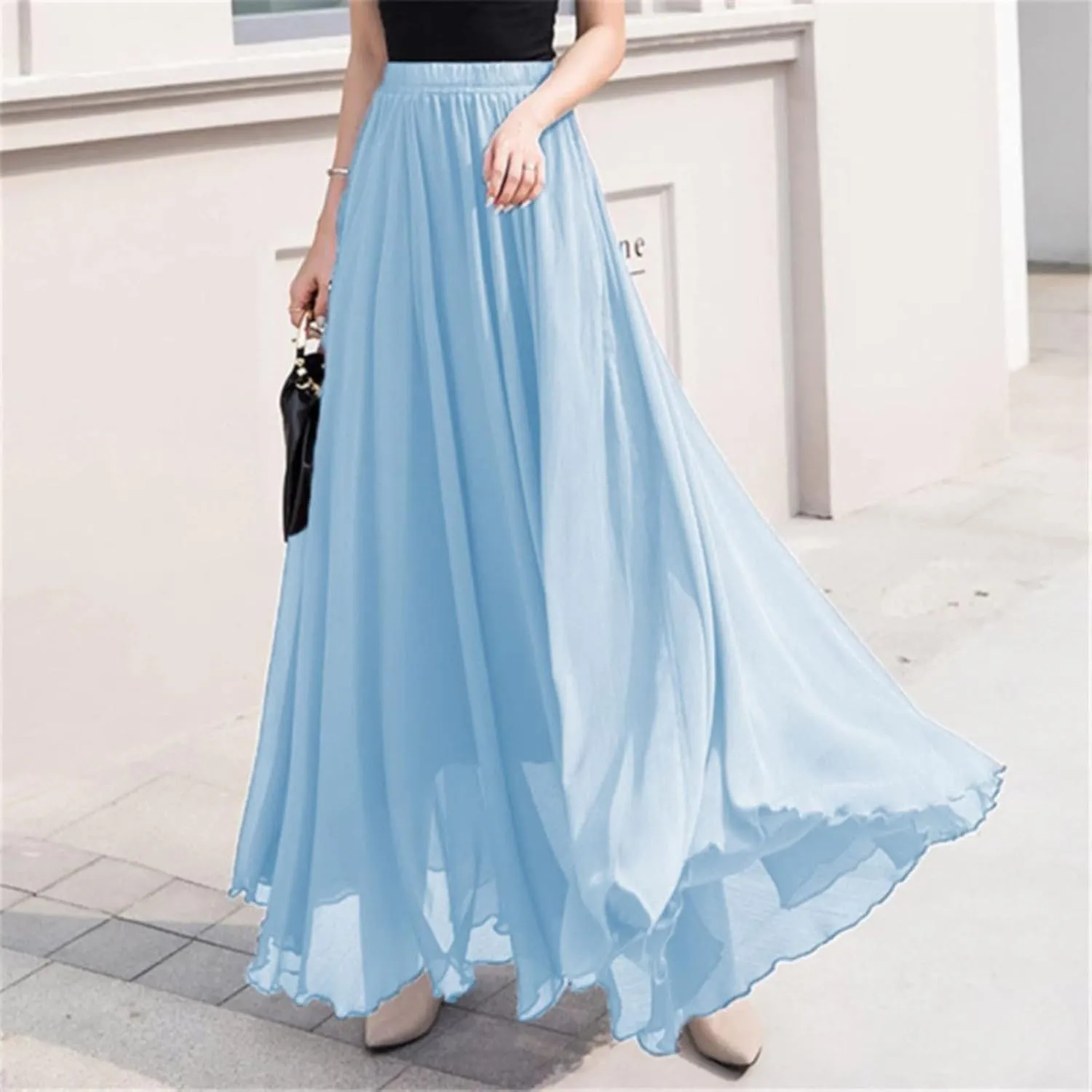 Womens Summer Chiffon Mopping Floor Length Big Hem Solid Beach Maxi Skirt Dress Pleated Elastic Waist Retro Long Skirts