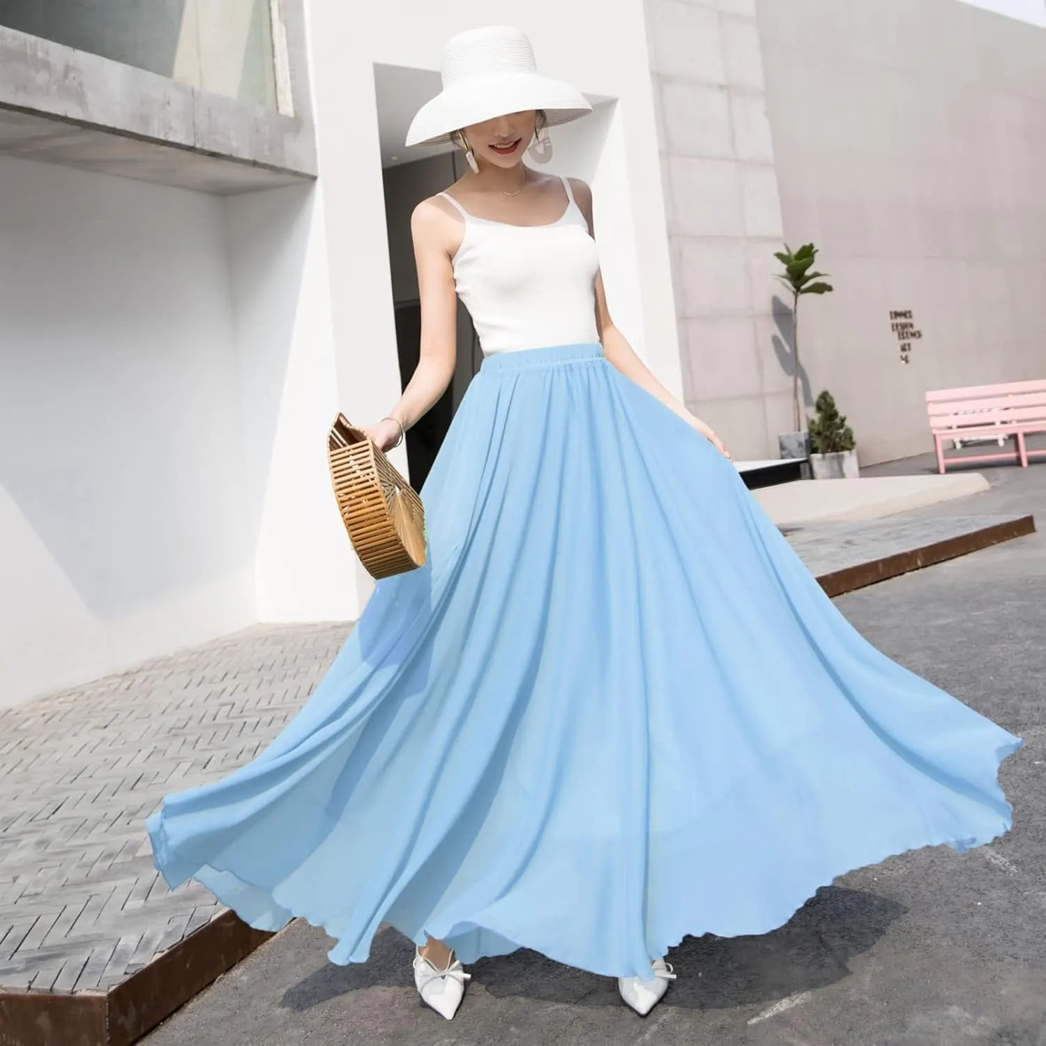 Womens Summer Chiffon Mopping Floor Length Big Hem Solid Beach Maxi Skirt Dress Pleated Elastic Waist Retro Long Skirts