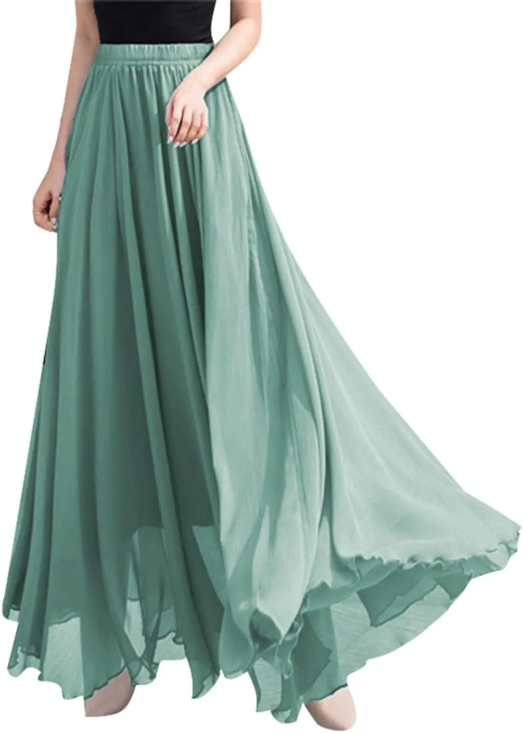 Womens Summer Chiffon Mopping Floor Length Big Hem Solid Beach Maxi Skirt Dress Pleated Elastic Waist Retro Long Skirts