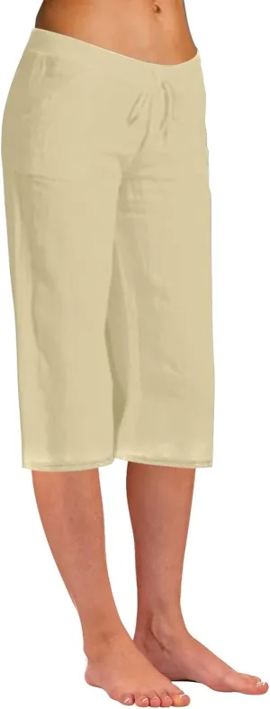 Women's Summer Cotton Linen Capri Pants Lightweight Casaul Loose Drawstring Wide Leg Beach Trousers with Pockets