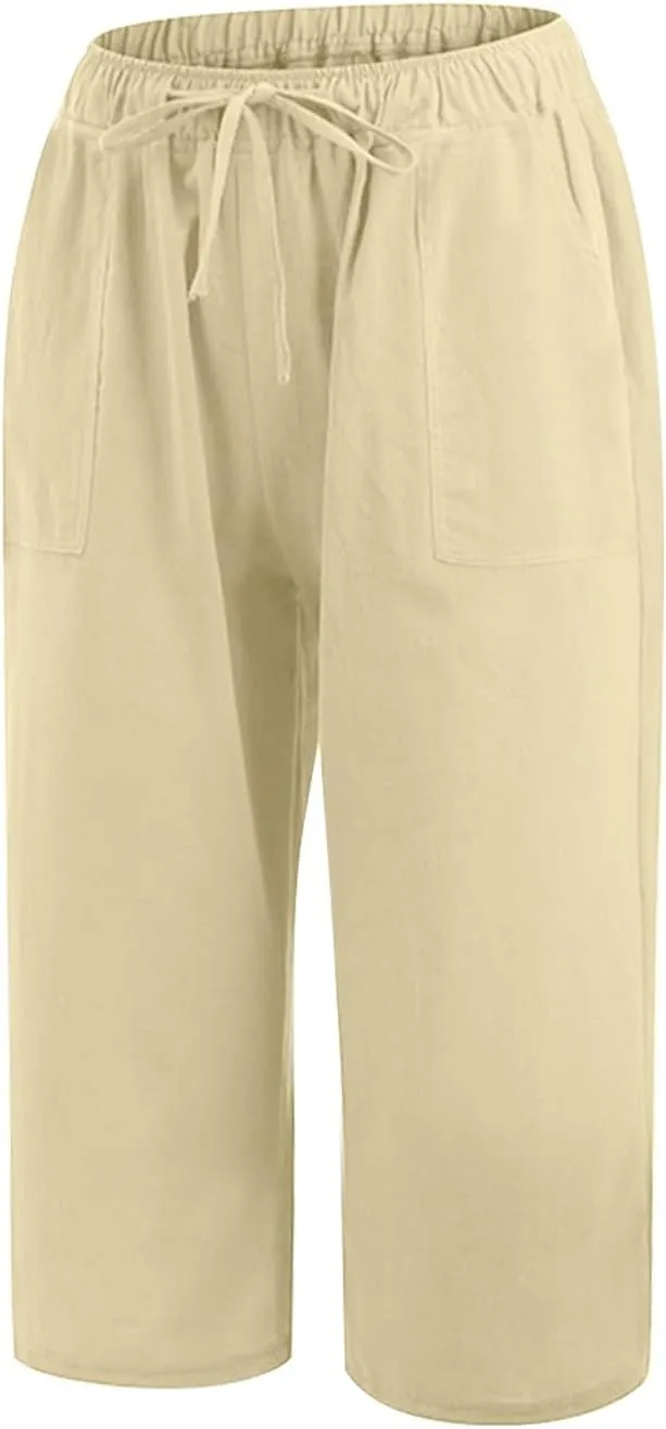 Women's Summer Cotton Linen Capri Pants Lightweight Casaul Loose Drawstring Wide Leg Beach Trousers with Pockets