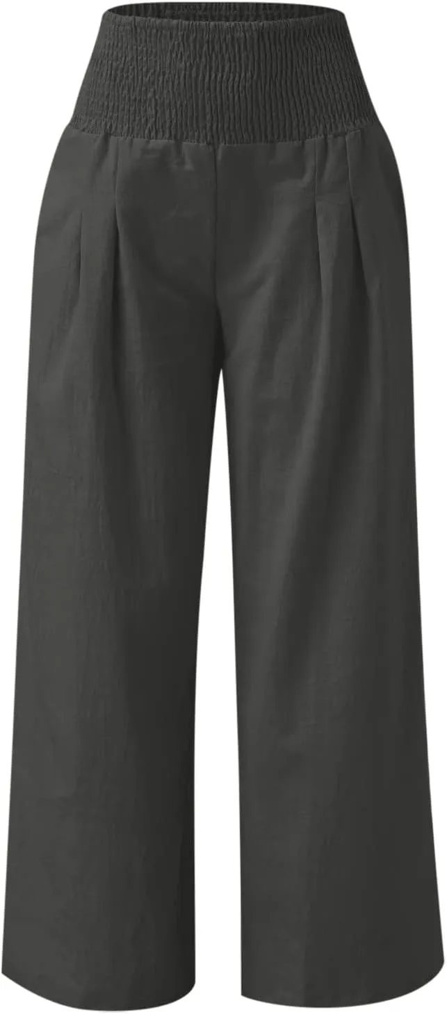 Womens Summer Cotton Linen Pants Casual Straight Leg Elastic High Waist Loose Palazzo Trousers with Pockets