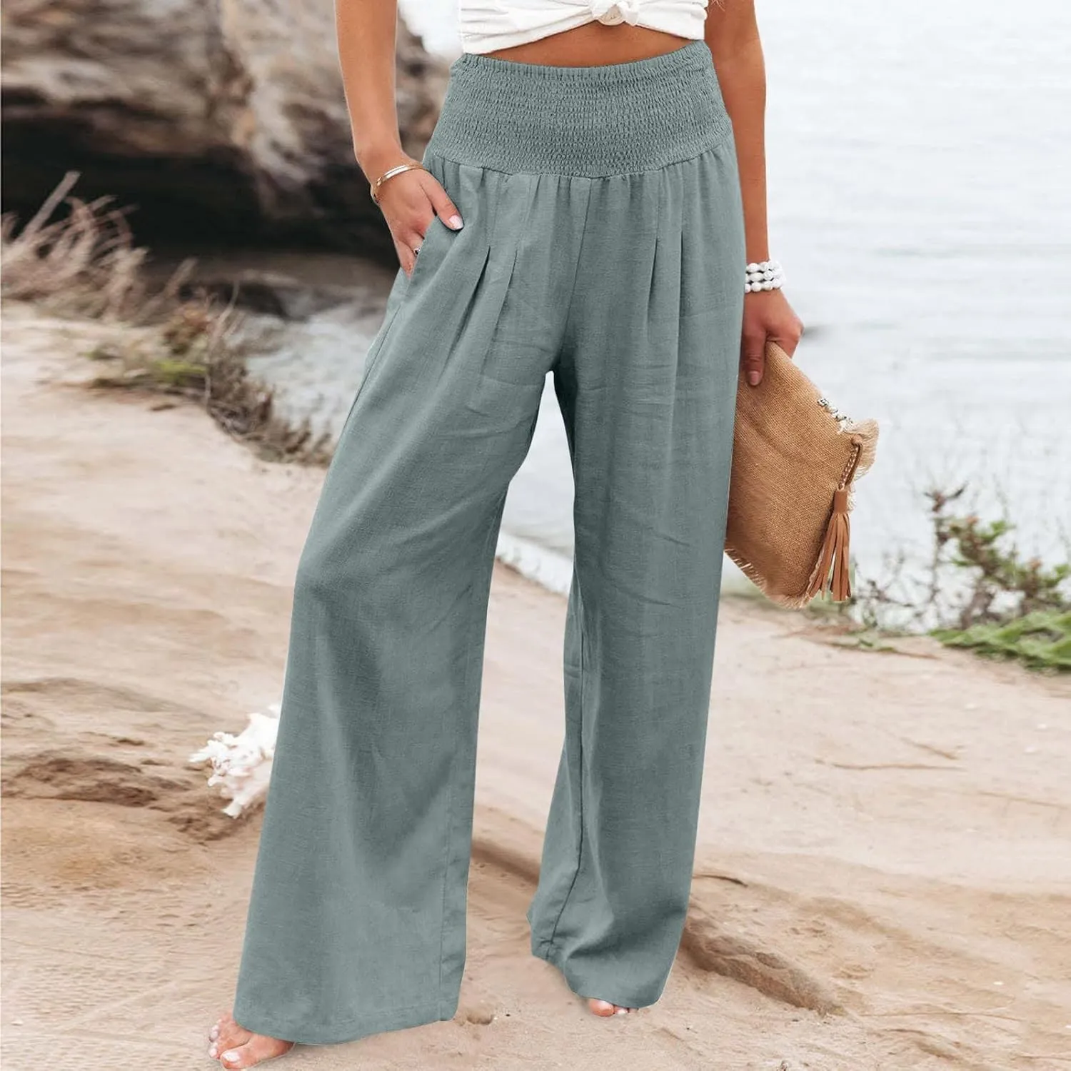 Womens Summer Cotton Linen Pants Casual Straight Leg Elastic High Waist Loose Palazzo Trousers with Pockets