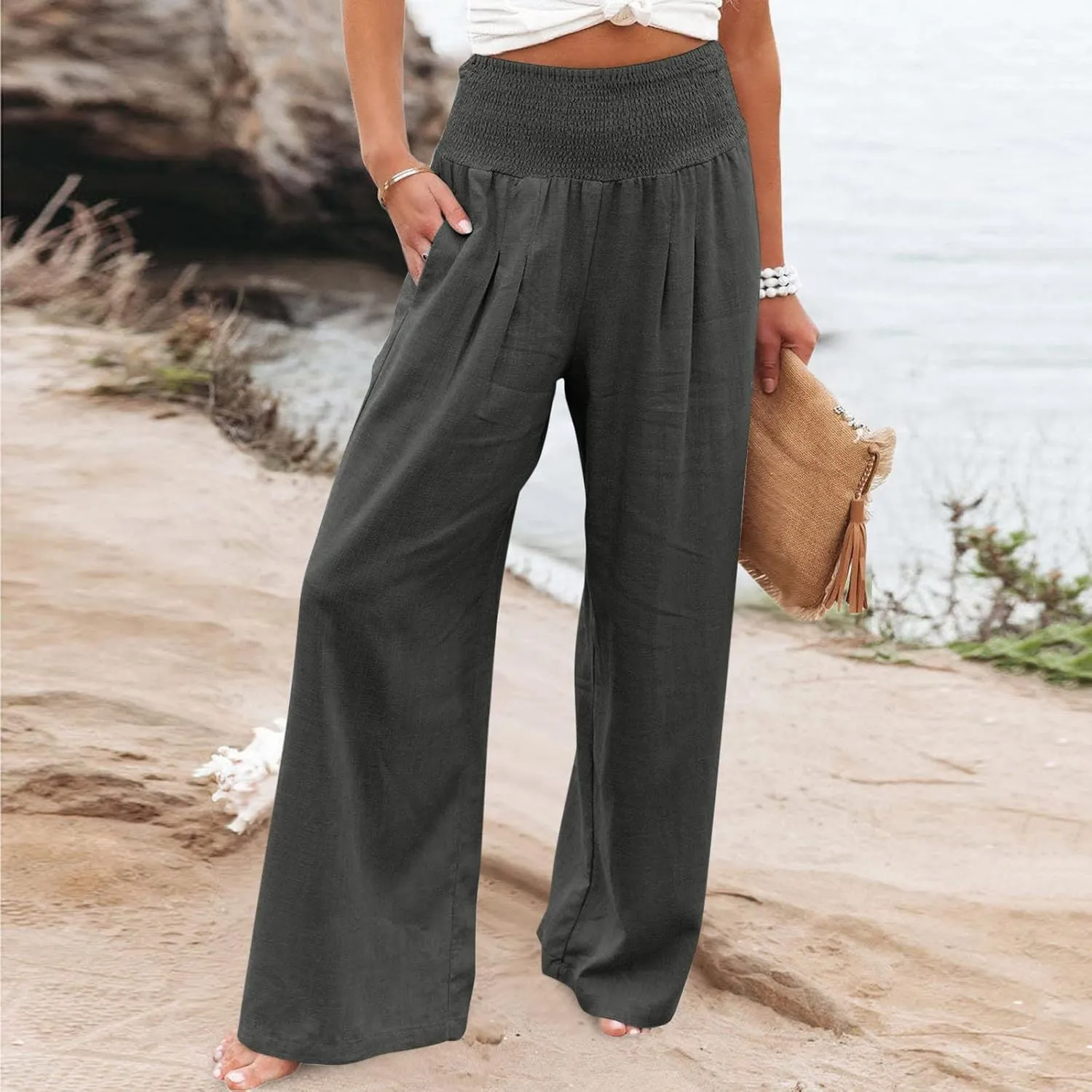 Womens Summer Cotton Linen Pants Casual Straight Leg Elastic High Waist Loose Palazzo Trousers with Pockets