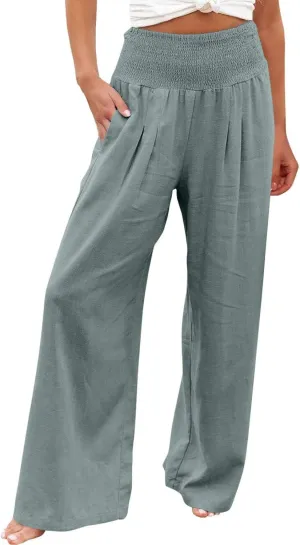 Womens Summer Cotton Linen Pants Casual Straight Leg Elastic High Waist Loose Palazzo Trousers with Pockets