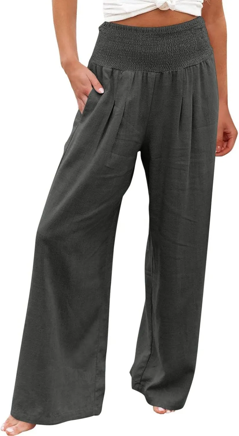 Womens Summer Cotton Linen Pants Casual Straight Leg Elastic High Waist Loose Palazzo Trousers with Pockets