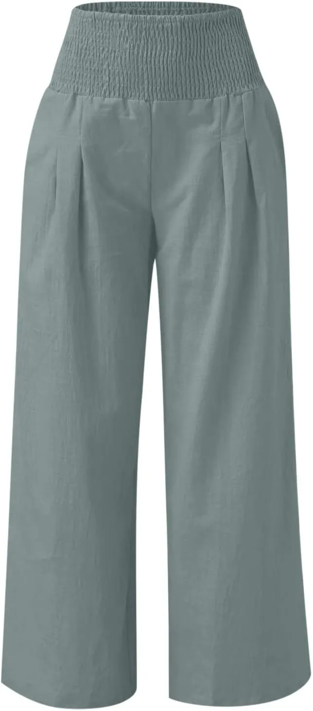 Womens Summer Cotton Linen Pants Casual Straight Leg Elastic High Waist Loose Palazzo Trousers with Pockets