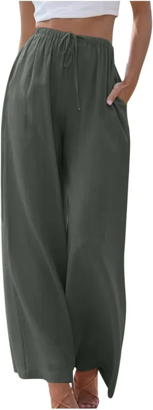 Women's Summer Drawstring High Waist Wide Leg Pants Loose Breathable Soft Comfy Trouser Cotton Linen Palazzo Pants