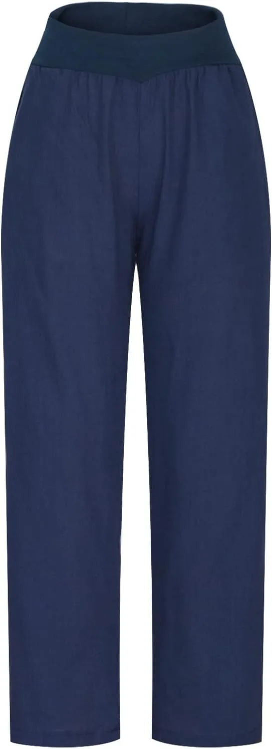 Women's Summer Linen Palazzo Pants High Waisted Wide Leg Slacks Casual Long Cotton Linen Office Trousers with Pockets