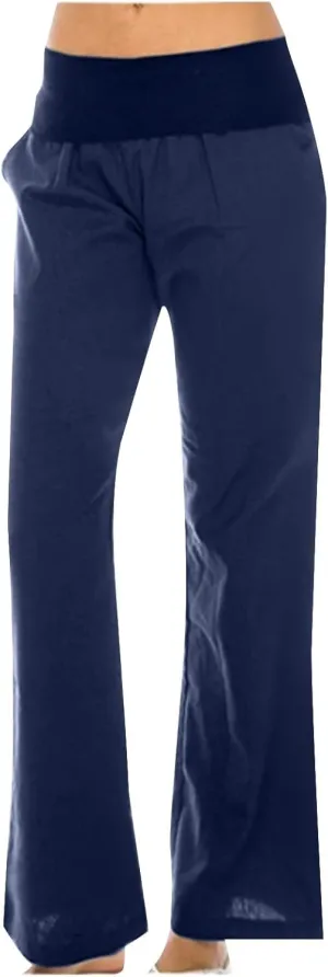 Women's Summer Linen Palazzo Pants High Waisted Wide Leg Slacks Casual Long Cotton Linen Office Trousers with Pockets