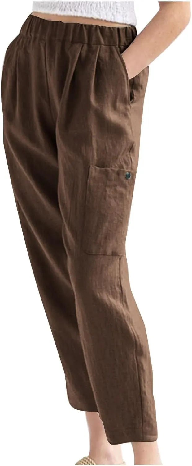 Womens Summer Linen Pants with 4 Pockets Straight Leg Elastic Waist Ankle Length Pants Casual Trousers Bottoms