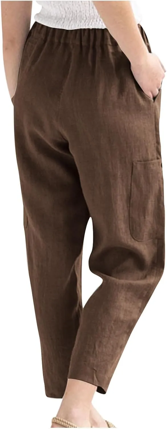 Womens Summer Linen Pants with 4 Pockets Straight Leg Elastic Waist Ankle Length Pants Casual Trousers Bottoms