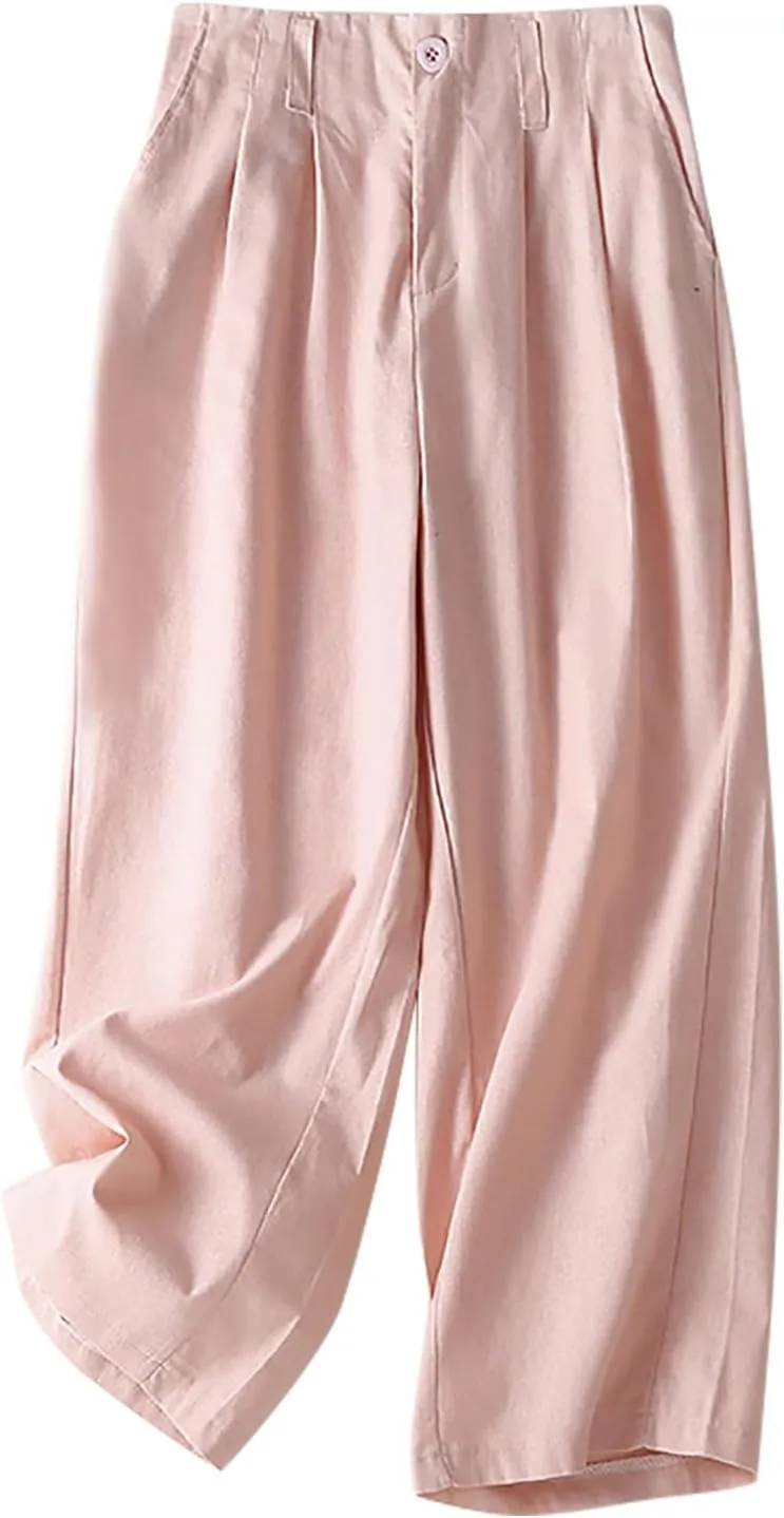 Womens Summer Pants Cotton Linen Loose Fit Trousers with Pockets 2025 Casual Elastic Waist Wide Leg Pants Trousers