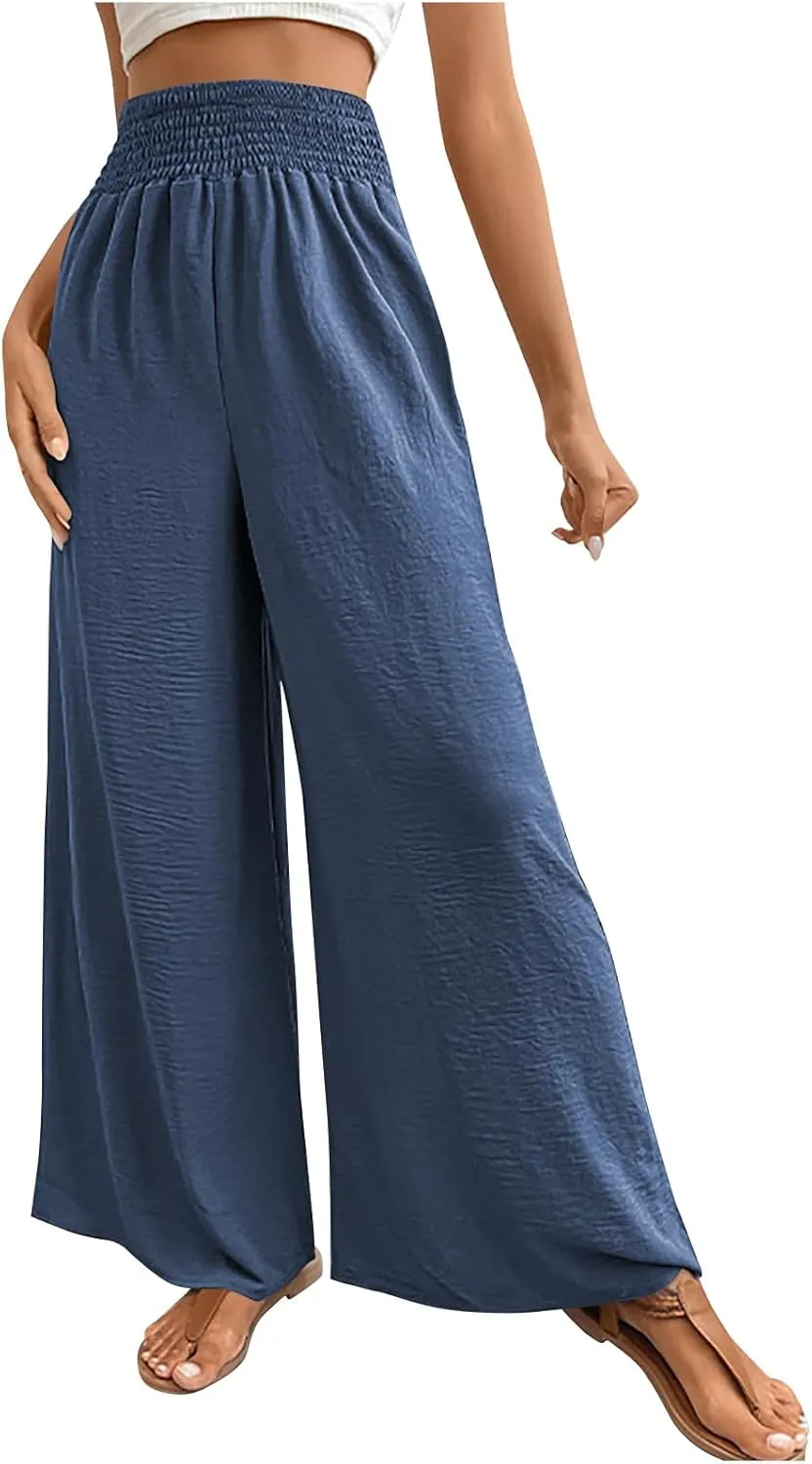 Women's Summer Ruched Wide Leg Pants High Waist Lightweight Long Pants Casual Solid Color Loose Flowy Beach Trousers