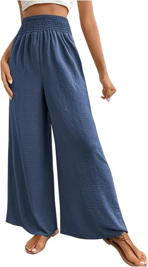 Women's Summer Ruched Wide Leg Pants High Waist Lightweight Long Pants Casual Solid Color Loose Flowy Beach Trousers
