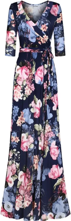 Women's Super Stretchy Maxi Party Dress Spring Floral Print Faux Wrap 3/4 Sleeve V-Neck