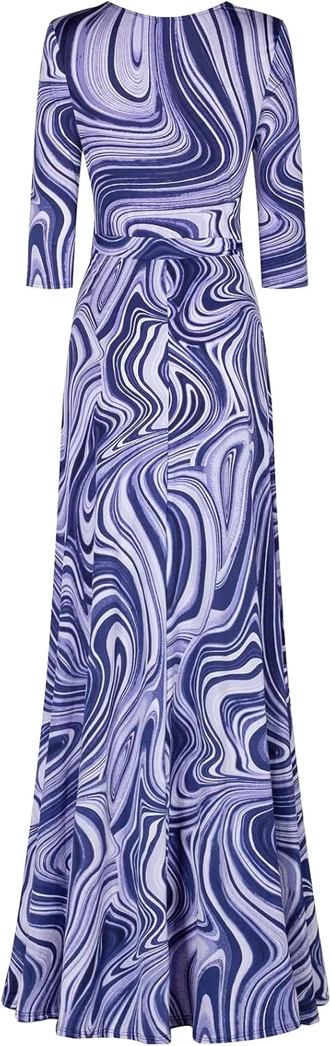 Women's Super Stretchy Maxi Party Dress Spring Floral Print Faux Wrap 3/4 Sleeve V-Neck