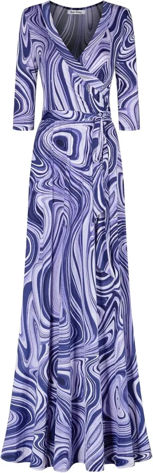 Women's Super Stretchy Maxi Party Dress Spring Floral Print Faux Wrap 3/4 Sleeve V-Neck