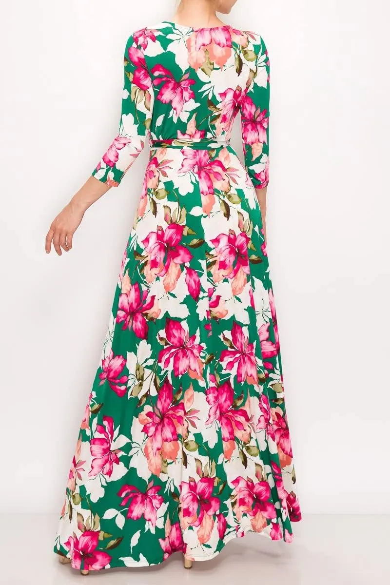 Women's Super Stretchy Maxi Party Dress Spring Floral Print Faux Wrap 3/4 Sleeve V-Neck