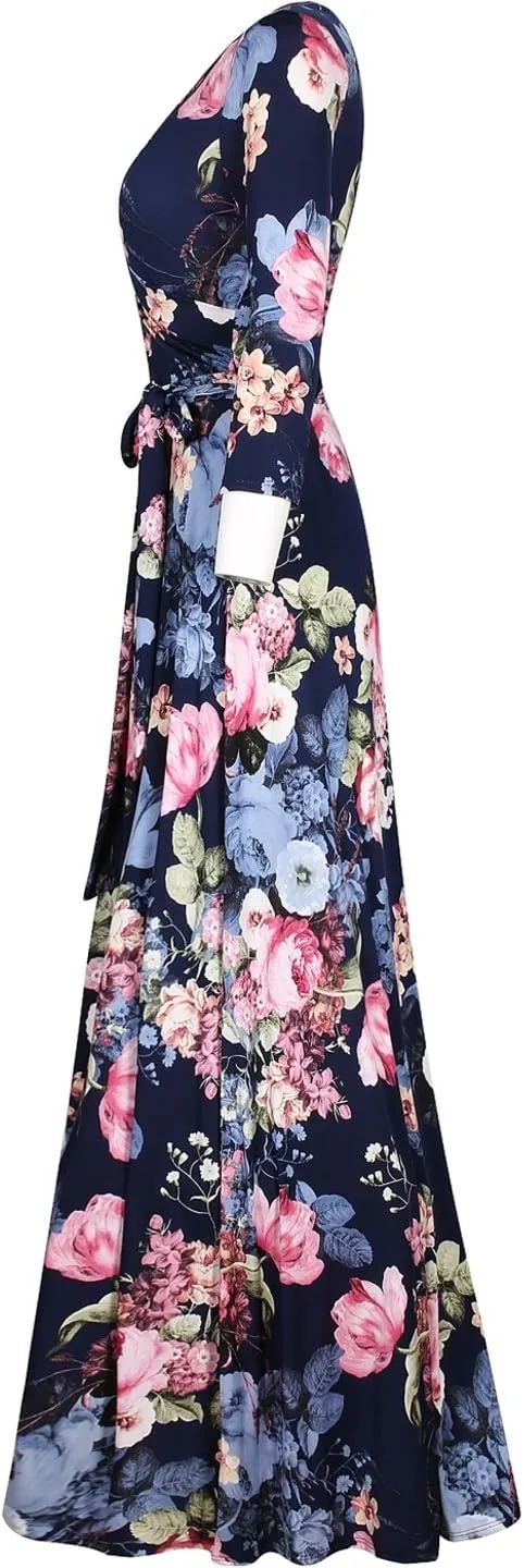 Women's Super Stretchy Maxi Party Dress Spring Floral Print Faux Wrap 3/4 Sleeve V-Neck