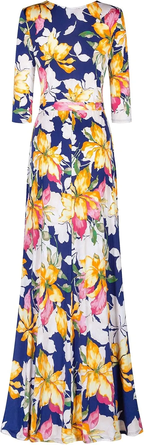Women's Super Stretchy Maxi Party Dress Spring Floral Print Faux Wrap 3/4 Sleeve V-Neck