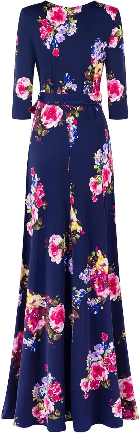 Women's Super Stretchy Maxi Party Dress Spring Floral Print Faux Wrap 3/4 Sleeve V-Neck