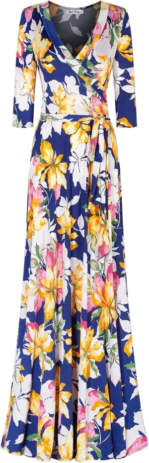 Women's Super Stretchy Maxi Party Dress Spring Floral Print Faux Wrap 3/4 Sleeve V-Neck