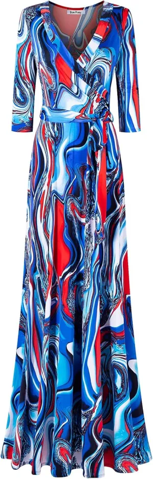 Women's Super Stretchy Maxi Party Dress Spring Floral Print Faux Wrap 3/4 Sleeve V-Neck