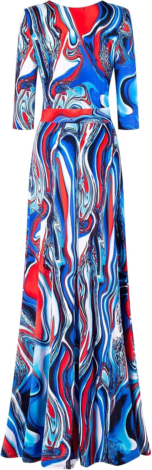 Women's Super Stretchy Maxi Party Dress Spring Floral Print Faux Wrap 3/4 Sleeve V-Neck
