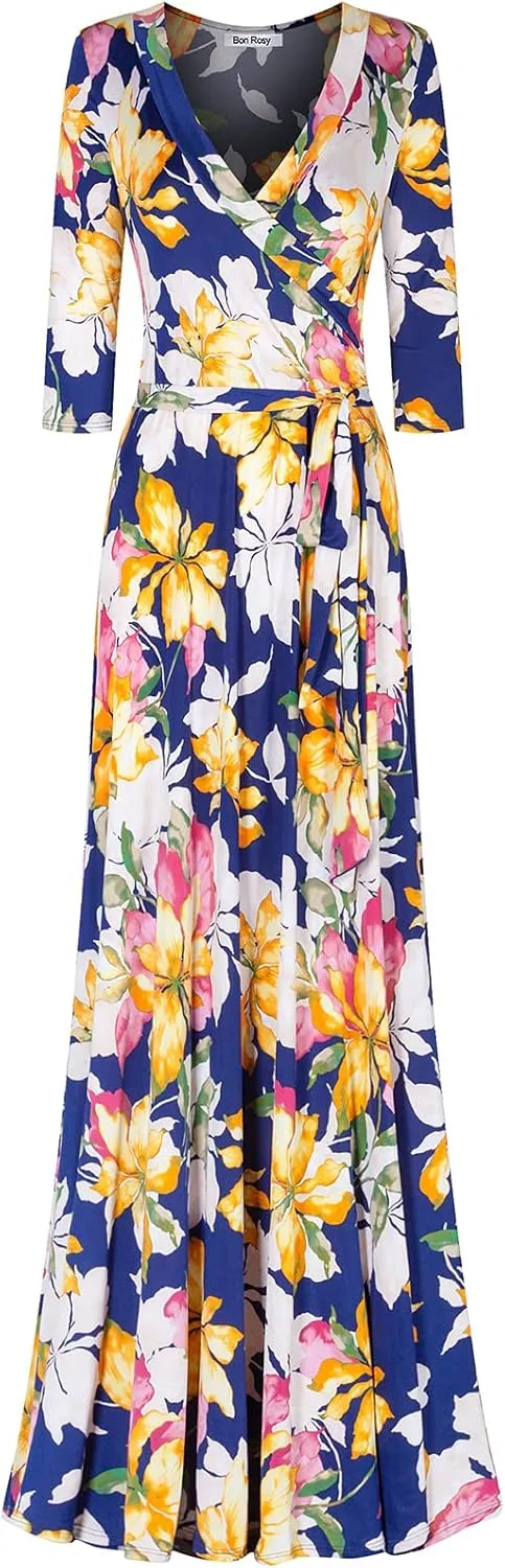 Women's Super Stretchy Maxi Party Dress Spring Floral Print Faux Wrap 3/4 Sleeve V-Neck