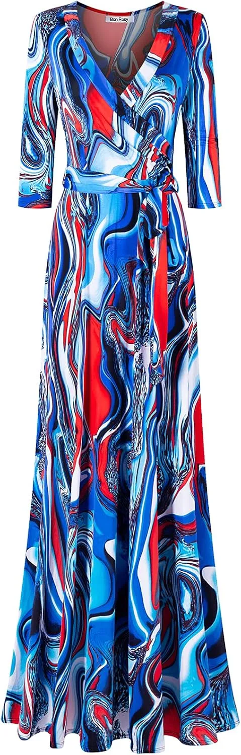 Women's Super Stretchy Maxi Party Dress Spring Floral Print Faux Wrap 3/4 Sleeve V-Neck