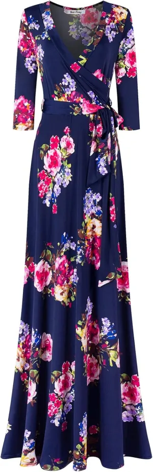 Women's Super Stretchy Maxi Party Dress Spring Floral Print Faux Wrap 3/4 Sleeve V-Neck
