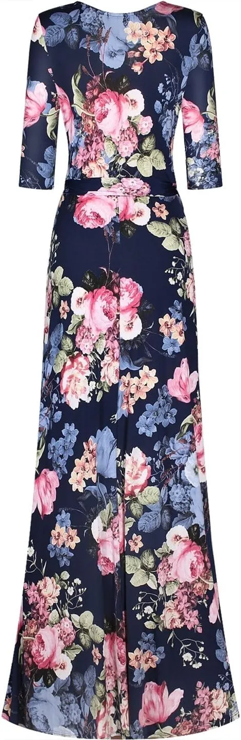 Women's Super Stretchy Maxi Party Dress Spring Floral Print Faux Wrap 3/4 Sleeve V-Neck