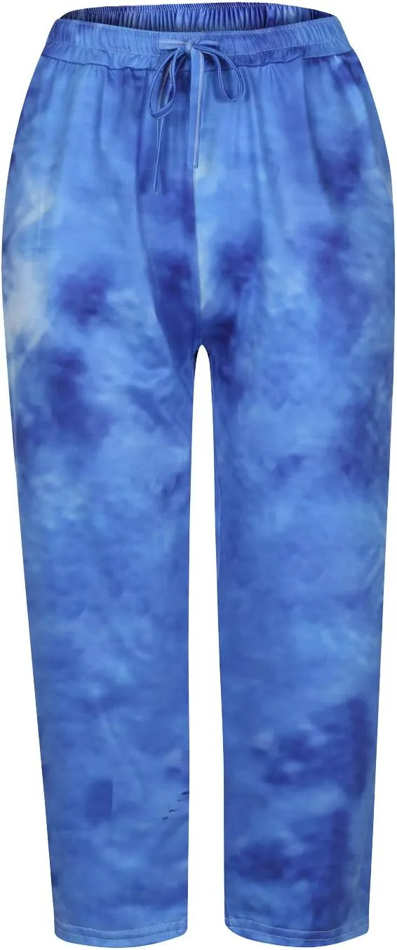 Womens Tie Dye Capri Pants Stretch Fitness Running Gym Yoga Leggings Elastic High Waist Drawstring Trousers