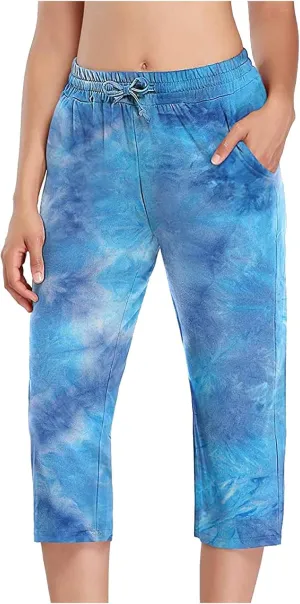 Womens Tie Dye Capri Pants Stretch Fitness Running Gym Yoga Leggings Elastic High Waist Drawstring Trousers