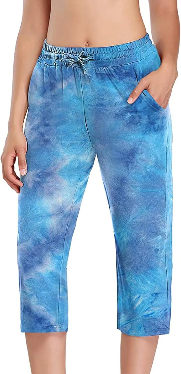Womens Tie Dye Capri Pants Stretch Fitness Running Gym Yoga Leggings Elastic High Waist Drawstring Trousers
