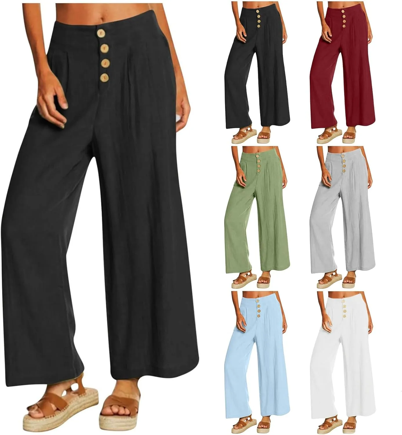 Women's Wide Leg Casual Pants Summer High Waisted Cotton Linen Palazzo Trousers Long Pants with Pocket