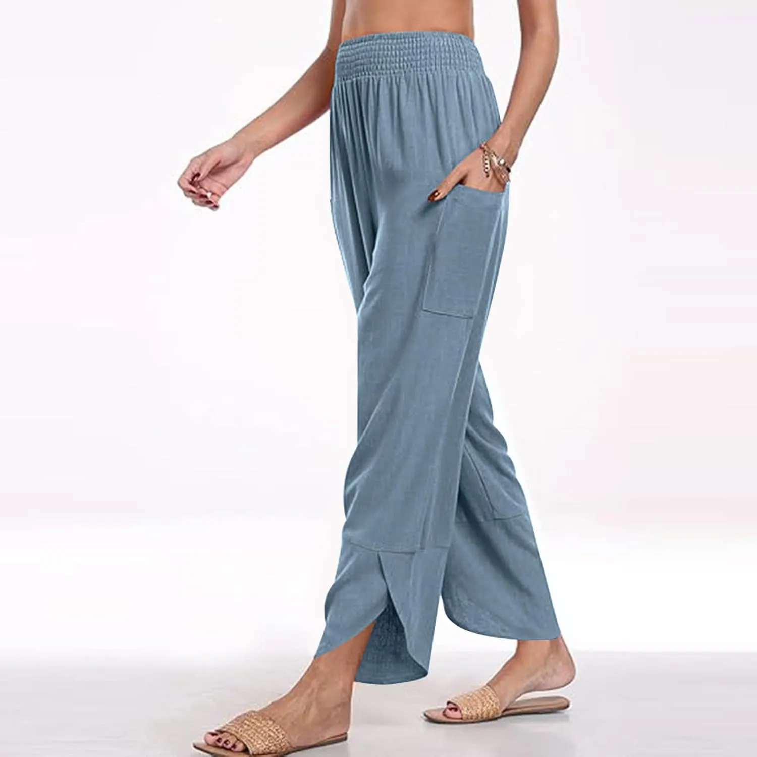 Women's Wide Leg Palazzo Capri Pants Summer Casual Loose High Waisted Lounge Capris Flowy Cropped Beach Work Trousers