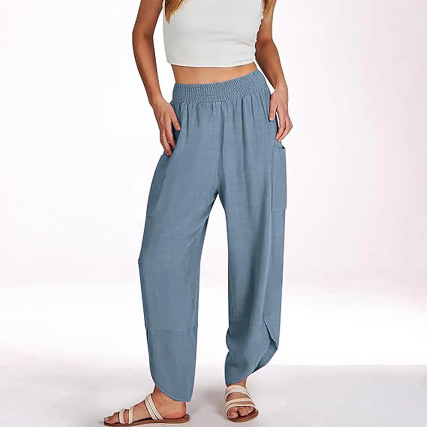 Women's Wide Leg Palazzo Capri Pants Summer Casual Loose High Waisted Lounge Capris Flowy Cropped Beach Work Trousers
