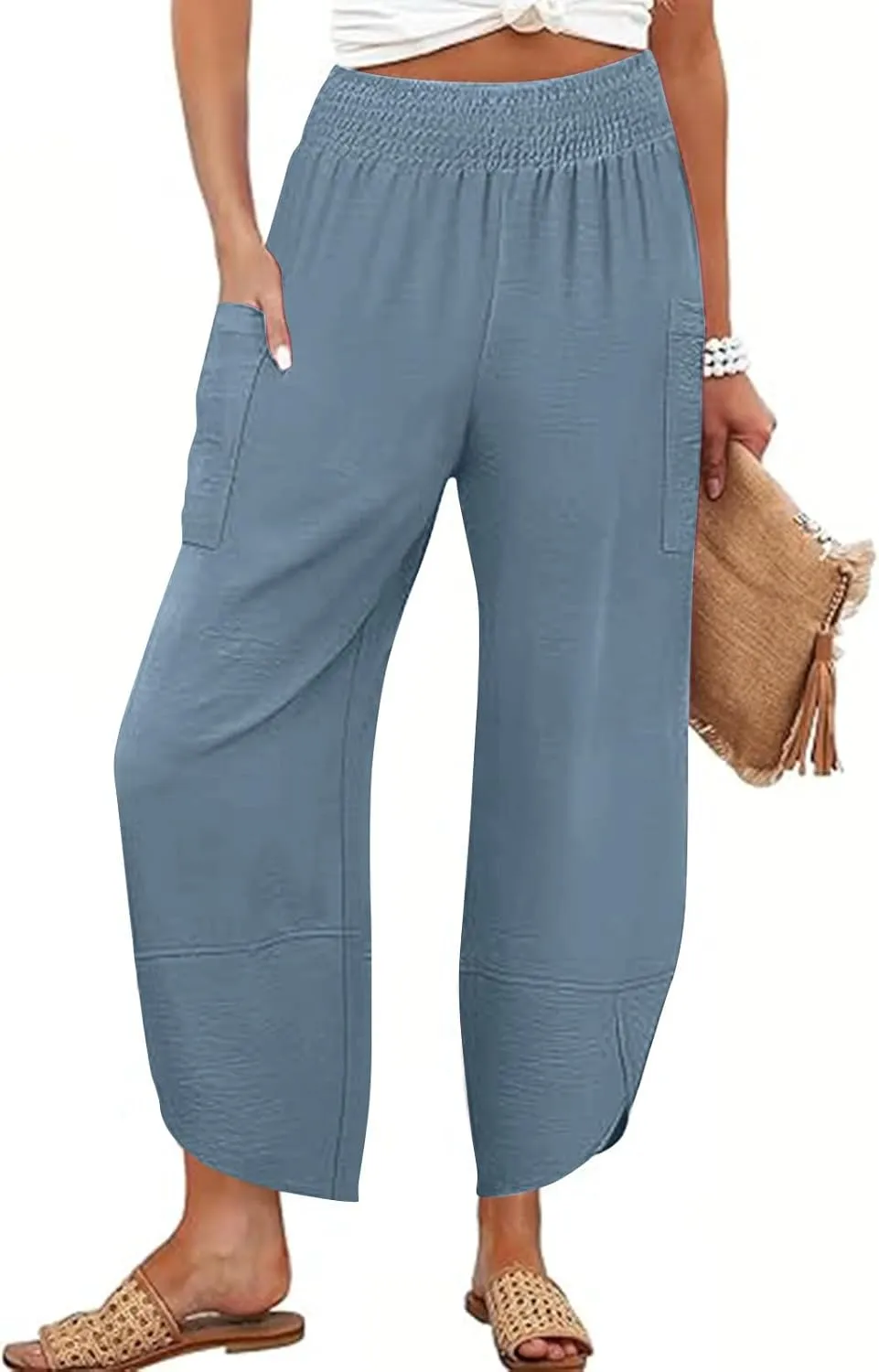 Women's Wide Leg Palazzo Capri Pants Summer Casual Loose High Waisted Lounge Capris Flowy Cropped Beach Work Trousers