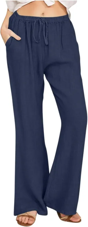 Womens Wide Leg Palazzo Pants Cotton Linen Elastic High Waist Pull-On Summer Casual Trousers with Pockets