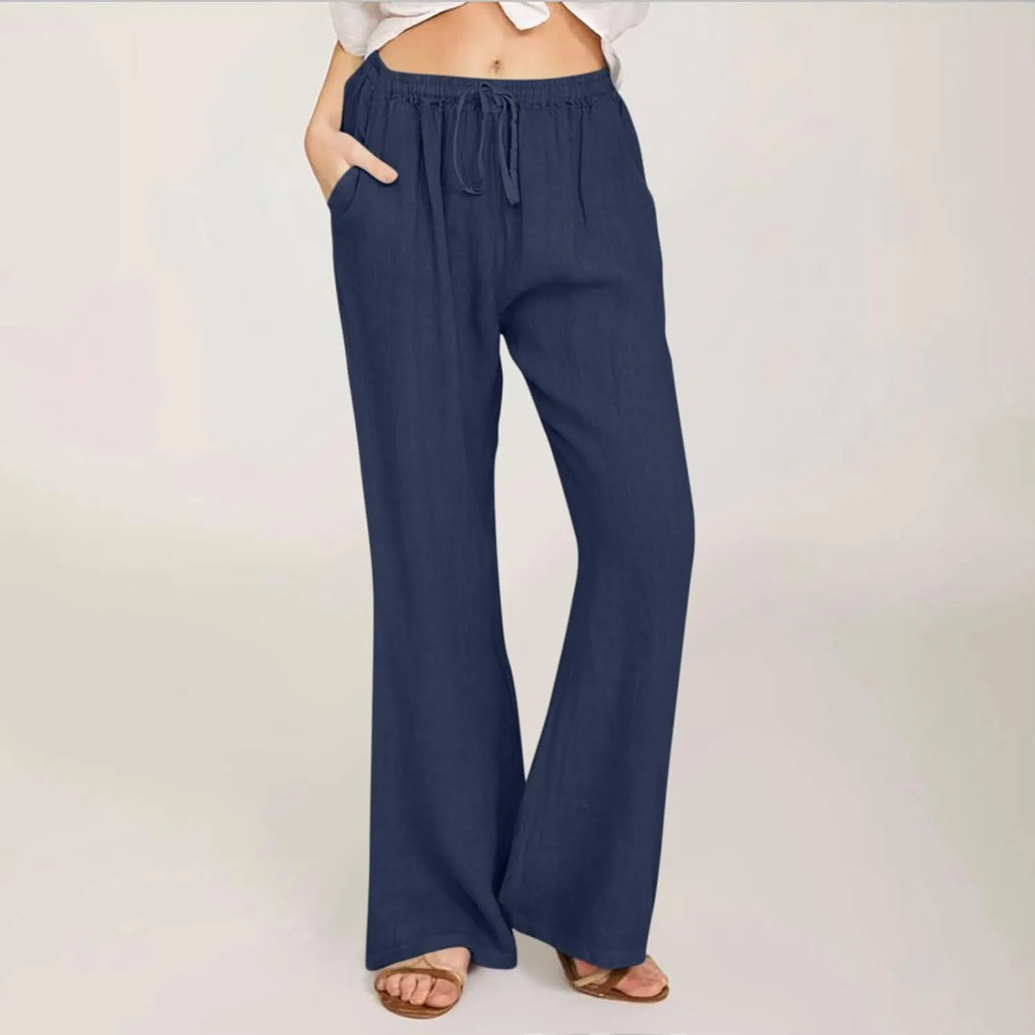 Womens Wide Leg Palazzo Pants Cotton Linen Elastic High Waist Pull-On Summer Casual Trousers with Pockets
