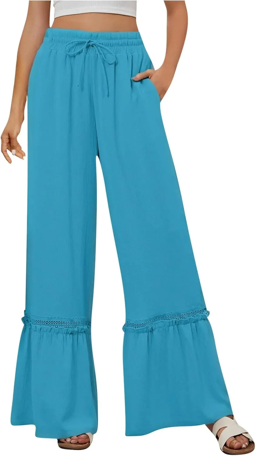 Women's Wide Leg Pants Drawstring Elastic Waist Lace Patchwork Ruffle Hem Flowy Palazzo Flared Trousers with Pockets