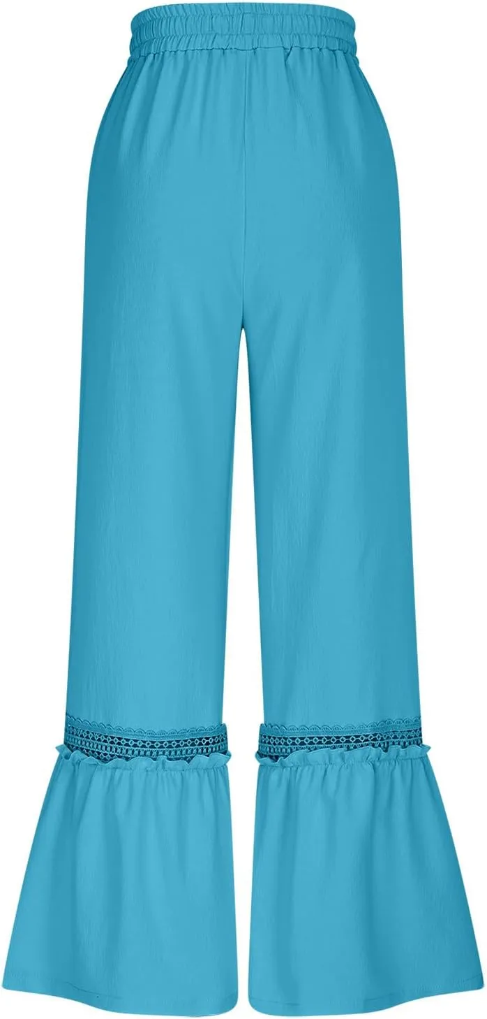 Women's Wide Leg Pants Drawstring Elastic Waist Lace Patchwork Ruffle Hem Flowy Palazzo Flared Trousers with Pockets