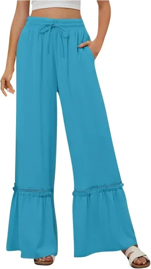 Women's Wide Leg Pants Drawstring Elastic Waist Lace Patchwork Ruffle Hem Flowy Palazzo Flared Trousers with Pockets