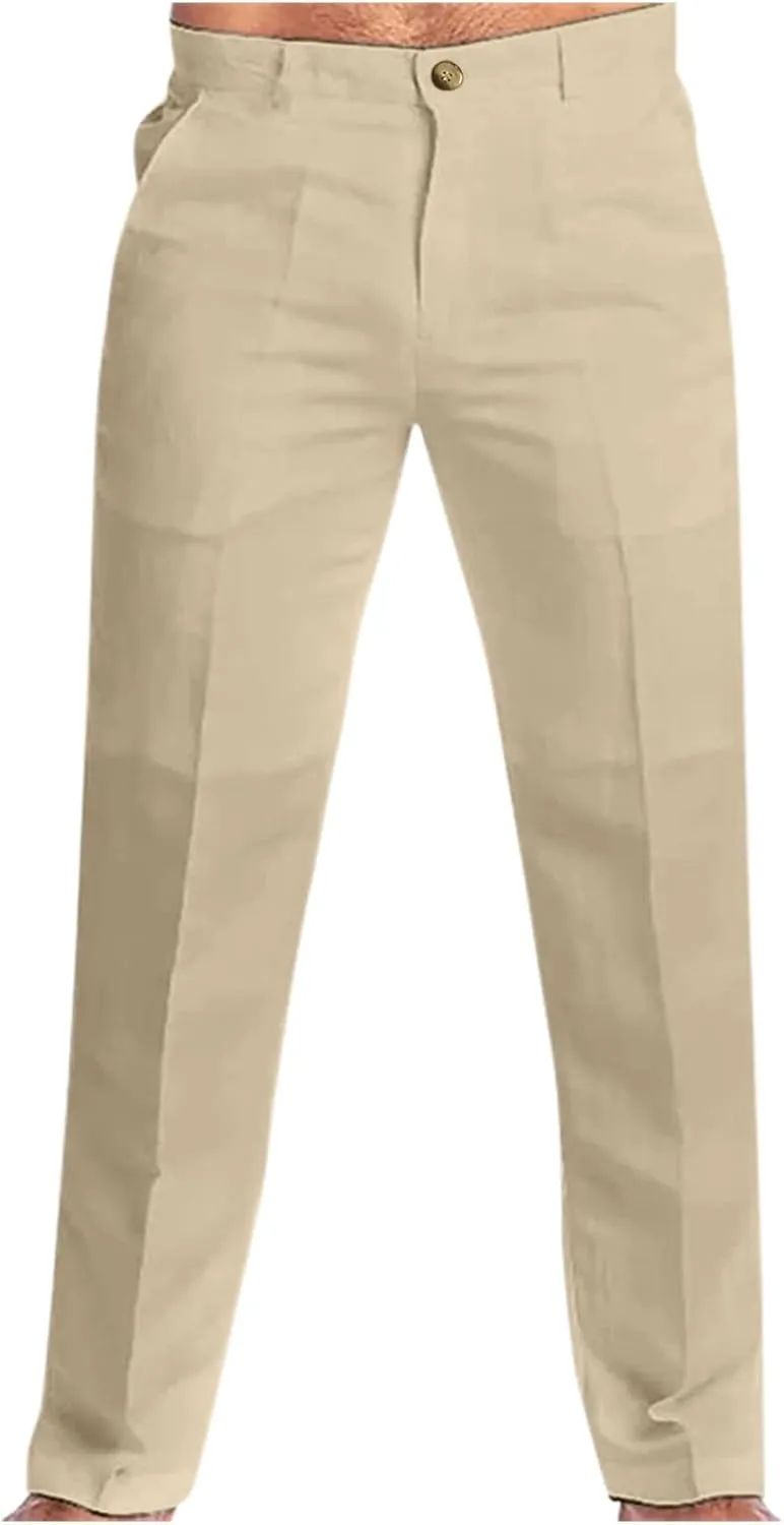 XUETON Men's Slim Fit Dress Pants Casual Business Office Work Pants Comfort Flat-Front Stretch Chino Golf Trousers Straight Leg Cotton Linen Workout Track Pants Slacks Fall Trousers for Men Beige