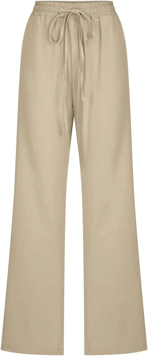 XUNRYAN Linen Pants Women Summer Drawstring Elastic High Waist Wide Leg Loose Fit Trousers Palazzo Lounge Pants w Pockets