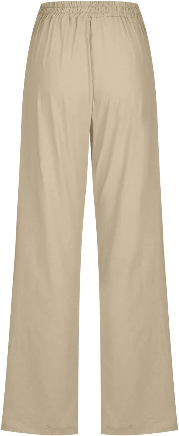 XUNRYAN Linen Pants Women Summer Drawstring Elastic High Waist Wide Leg Loose Fit Trousers Palazzo Lounge Pants w Pockets