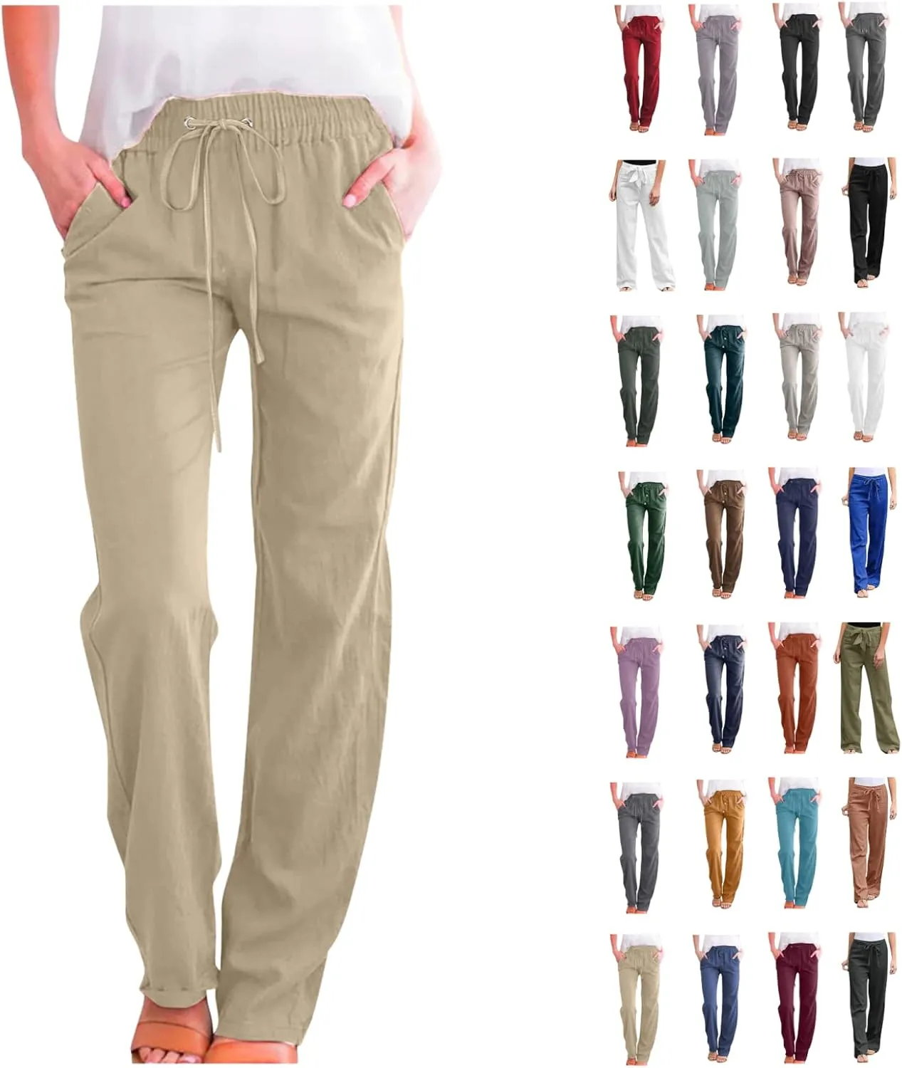 XUNRYAN Linen Pants Women Summer Drawstring Elastic High Waist Wide Leg Loose Fit Trousers Palazzo Lounge Pants w Pockets